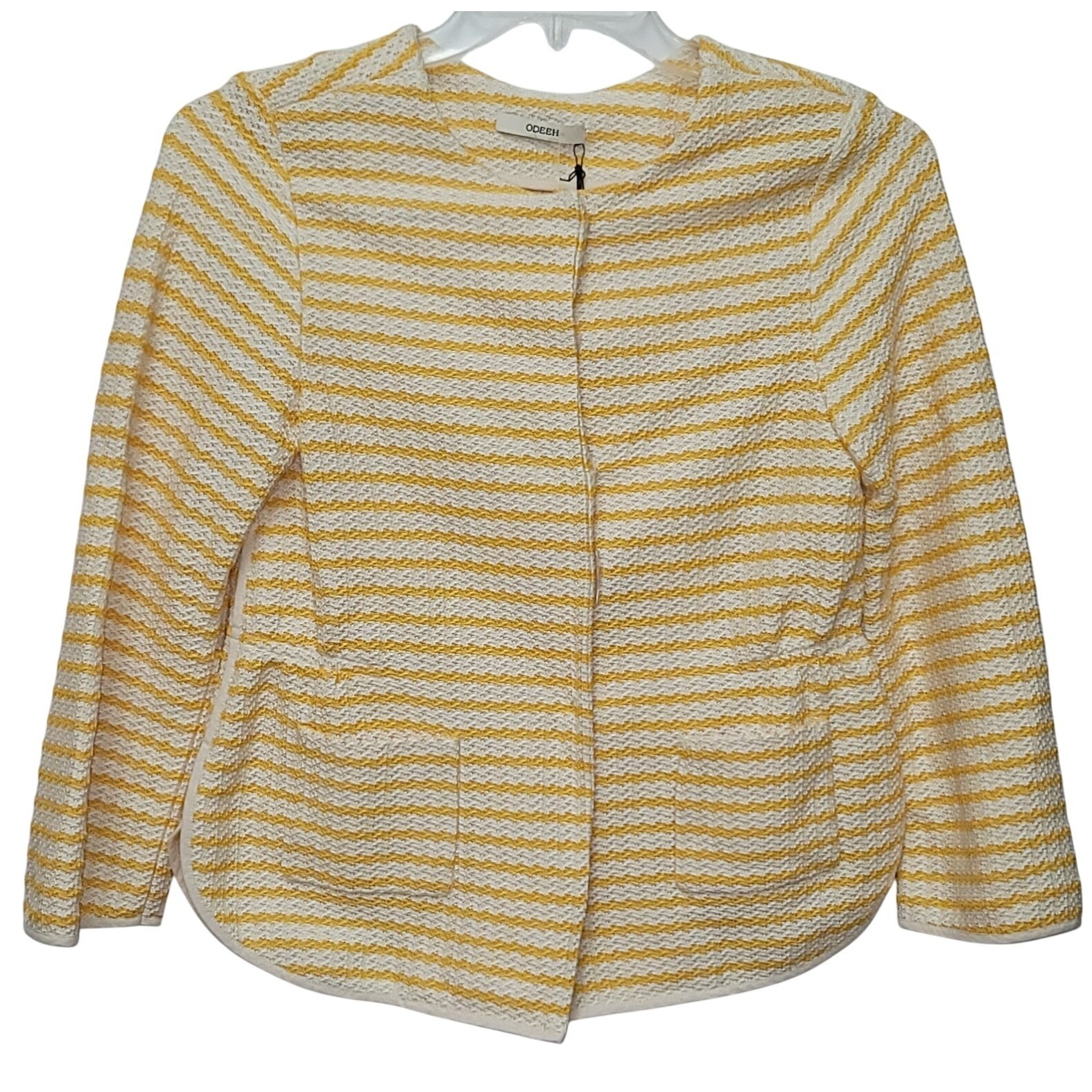 Odeeh Yellow White Striped Textured Knit Collarless Jacket Blazer Cottage Office
